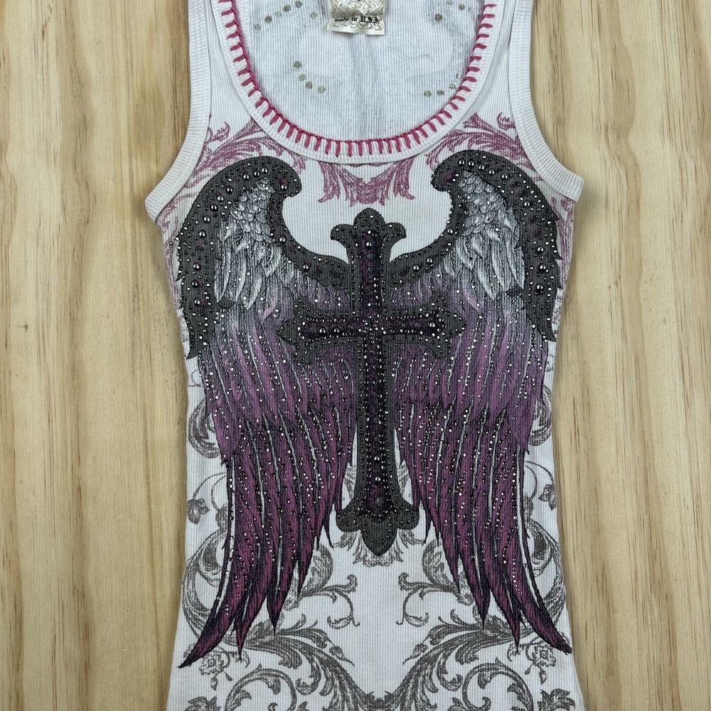 Vocal USA Women's Fitted White Bling Bedazzled Wings Tank Top Affliction Style S - Picture 4 of 10